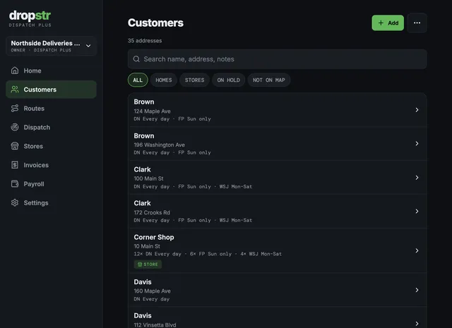 Customers screen on desktop: 35 addresses with their paper schedules, store badges, search, and filters for homes, stores, on hold and not on map.