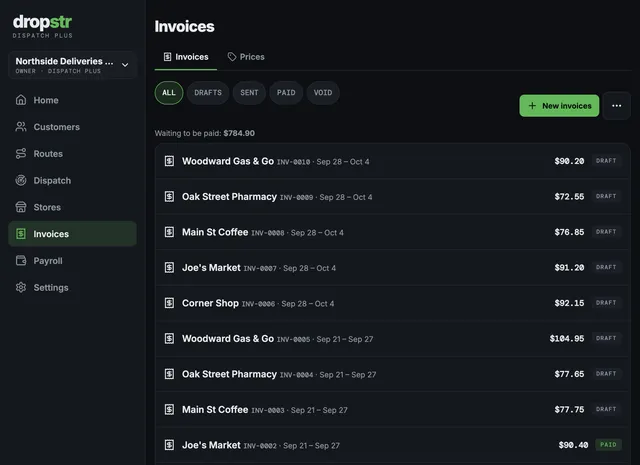 Invoices screen on desktop: a list of weekly store invoices with invoice numbers, date ranges, amounts and draft or paid status, and a New invoices button.
