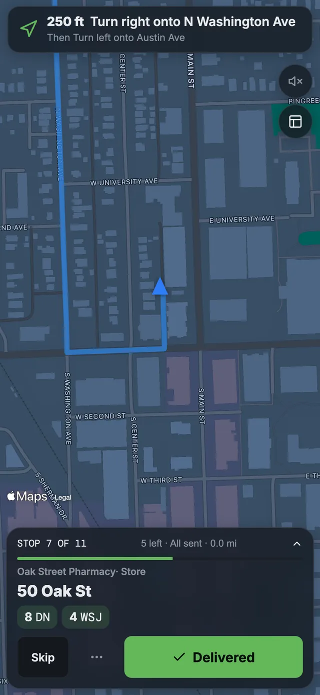 Driver run screen on a phone: a full-screen Apple Maps view with a turn-by-turn banner, and a card for stop 7 of 11 with papers to drop and a large Delivered button.